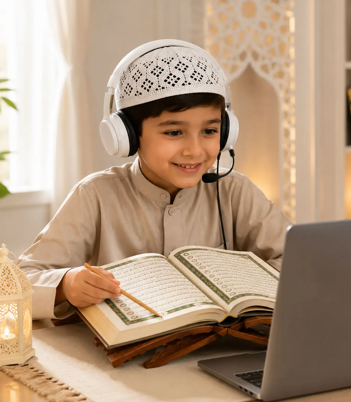Child attending an online Tajweed class